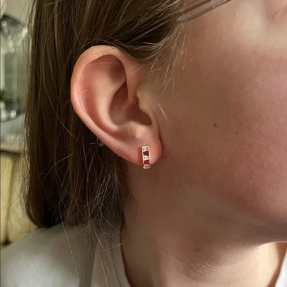 14k Yellow Gold Kids Small Earrings with Pink Gem Accents - Picture 2 of 14